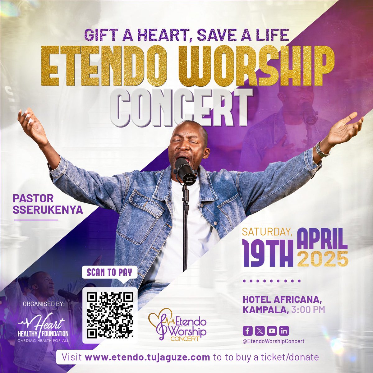 Gift a heart, save a life! Come experience a powerful night of worship with Pastor Sserukenya
Let’s worship together and support a great cause with the Heart Healthy Foundation for cardiac health.
#GiftAHeartSaveALife #WorshipExperience #KampalaEvents