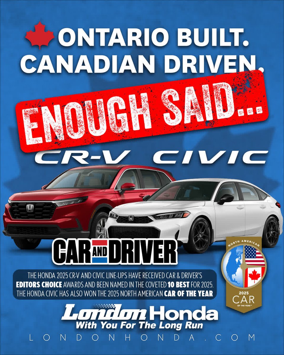 Ontario-built &amp; award-winning! 🇨🇦 The Honda CR-V &amp; Civic are Car &amp; Driver's Editor's Choice &amp; 10Best winners! Plus, Civic is North American Car of the Year!  Support local! #HondaCRV #HondaCivic #Ontario #YourLondonHonda

Visit bit.ly/yourlondonhonda to learn more!