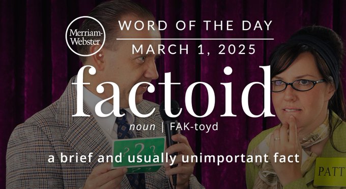 Merriam-Webster Word of the Day March 1, 2025 'factoid' noun | FAK-toyd "a brief and usually unimportant fact" Background Image: a trivia night