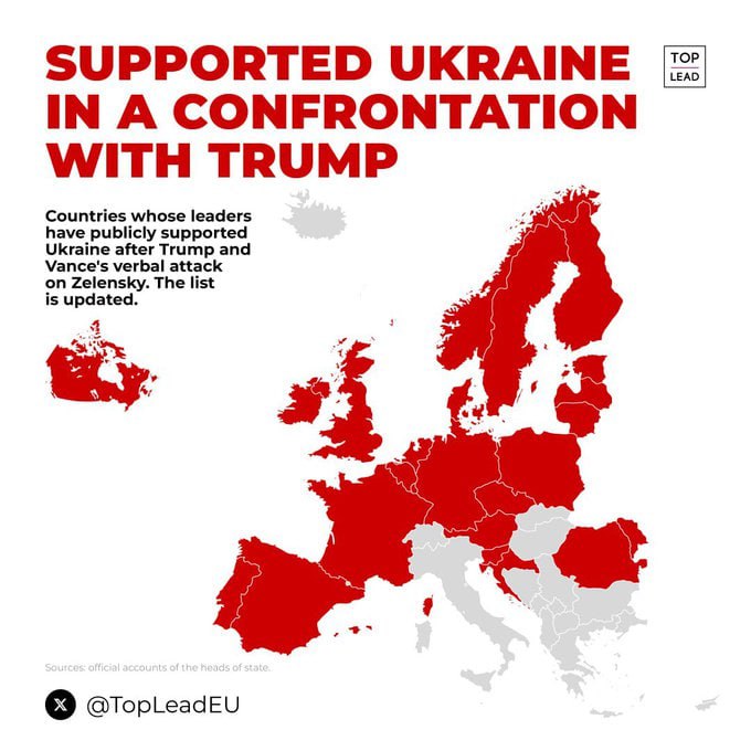 Secondo <a href="/TopLeadEU/">TOP LEAD</a> l'Italia è l'unico grande Paese europeo a non aver dichiarato pubblicamente sostegno all'Ucraina dopo lo scontro con Trump.

La posizione di Meloni (leader europea in migliori rapporti con la nuova amministrazione americana) è preziosa, ma anche rischiosa.