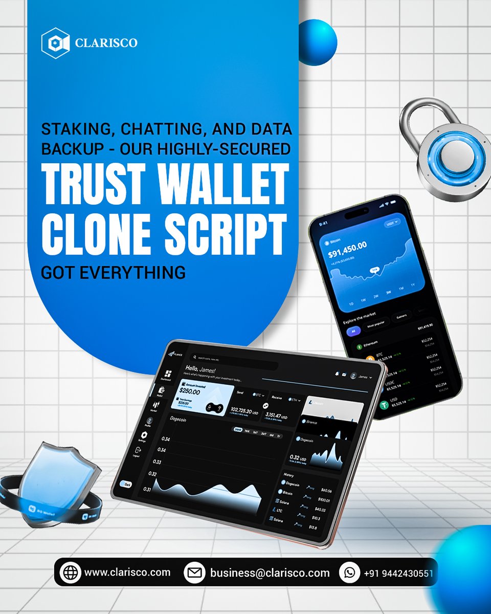 ClariscoSol's tweet image. Searching for secure and feature-rich Crypto wallet solutions? Our 'Trust Wallet Clone Script' is the perfect option.
bit.ly/3F3rKRK
#clarisco #Cryptowalletsolutions #TrustWalletCloneScript #privatekeycontrol #USA #Canada #Germany #Spain #Italy #Brazil #Southkorea