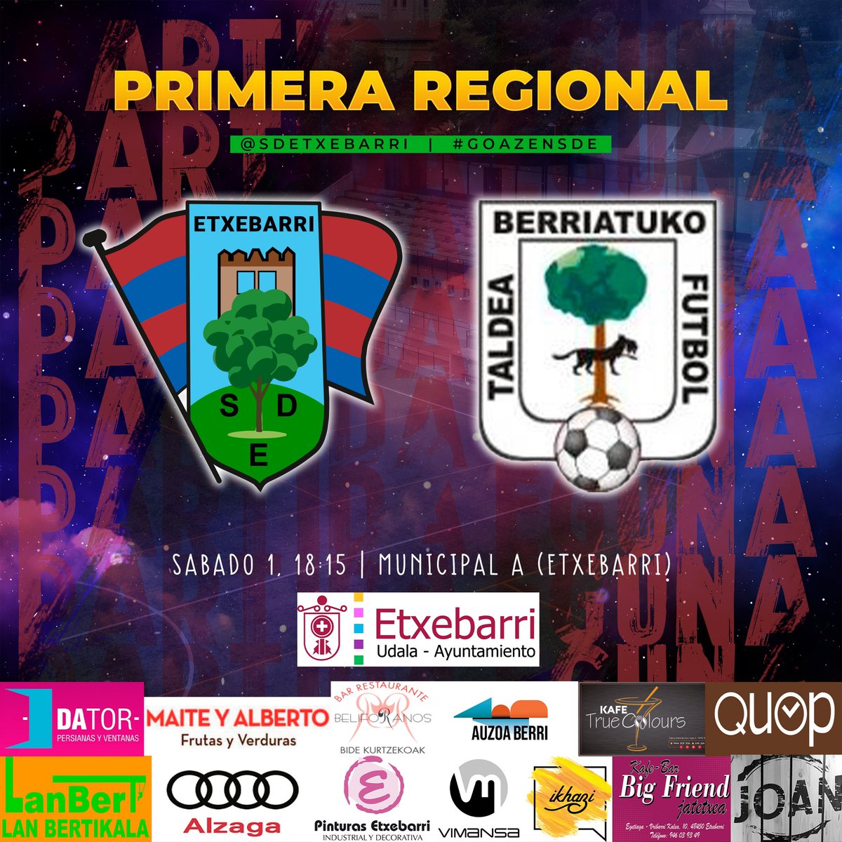 📢 INAUTERIAK FUTBOL ZELAIAN‼️

🆚 <a href="/BerriatukoFT/">Berriatuko F.T.</a> 
🕘 18:15
🏟️ Municipal (Etxebarri)
📲 #EtxebarriBerriatuko #HerriBatenHarrotasuna #GoazenSDE
