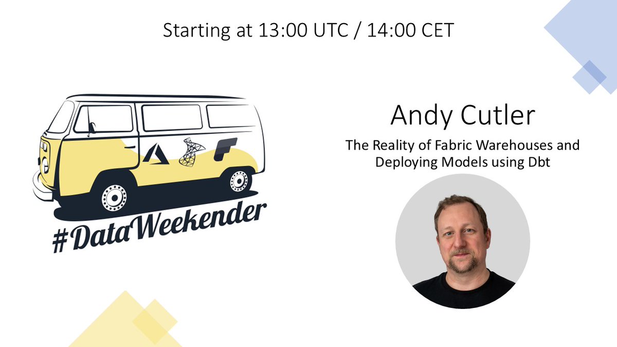 DataWeekender's tweet image. Up next in the #MicrosoftFabric track during #DataWeekender is Andy Cutler who is presenting about the reality of Fabric Warehouses and Deploying Models using Dbt #MicrosoftFabric