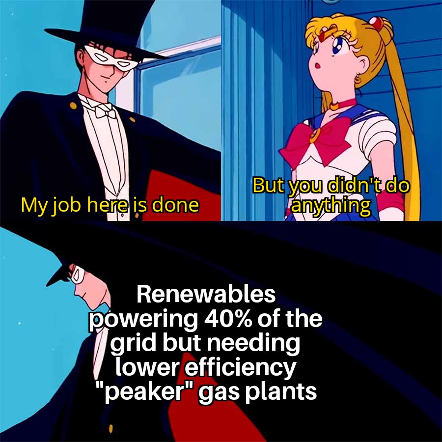 The renewable paradox: 40% solar/wind requires gas plants that are 1.7x less efficient (35% vs 58%) for backup, resulting in almost zero emissions reduction when you do the math. What was the point again? 
#ClimateEmergency #ClimateCrisis #Climate #energy #EnergyTransition