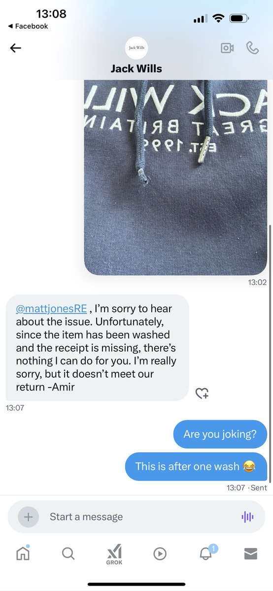 Shocking quality from <a href="/JackWills/">Jack Wills</a> and even worse customer service! Items fall apart after one wash and they aren’t interested 😂 “since the item has been washed” <a href="/JackWills/">Jack Wills</a> do you not wash your clothes!?