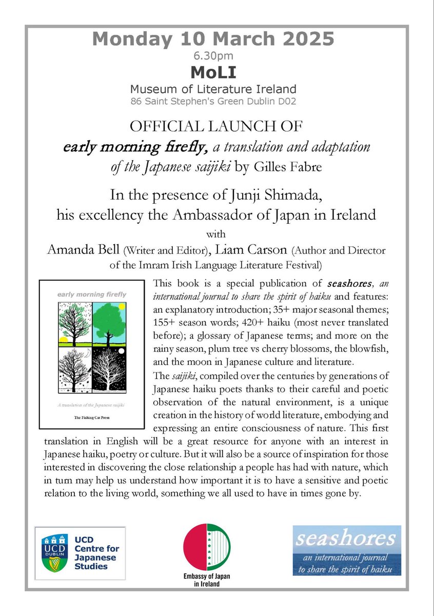 seashores (@haikuspirit) on Twitter photo Come down to MoLI. 10 March (6.30) for the launch of my third book (this time a translation of the Japanese saijiki, a unique creation in world literature). @ucdjapangroup <a href="/gagebybell/">Amanda Bell</a> <a href="/JPNinIRL/">Embassy of Japan in Ireland</a> Come down to MoLI. 10 March (6.30) for the launch of my third book (this time a translation of the Japanese saijiki, a unique creation in world literature). @ucdjapangroup <a href="/gagebybell/">Amanda Bell</a> <a href="/JPNinIRL/">Embassy of Japan in Ireland</a>
