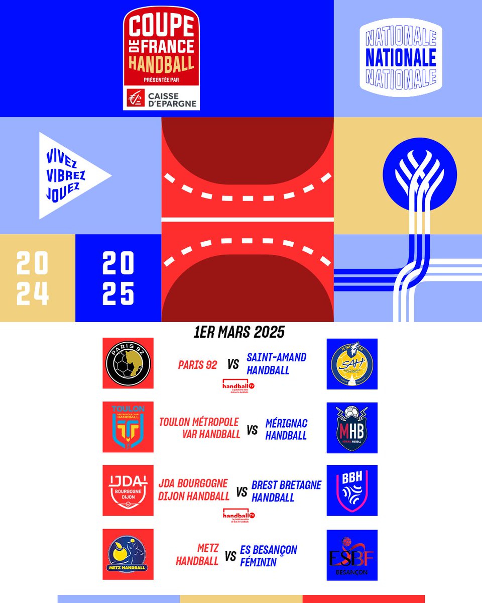 🏆Coupe de France🏆

⏰18h00 - Metz 🆚Besançon 📺❌

⏰20h00 - Dijon 🆚 Brest 📺Handball TV

⏰20h00 - Paris 92🆚 Saint Amand📺Handball TV

⏰20h45 - Toulon🆚 Mérignac 📺❌

<a href="/MetzHandball/">Metz Handball</a> <a href="/BBH_Officiel/">BBH officiel</a> <a href="/Paris92_Off/">Paris 92 🦁</a> <a href="/MHB33/">Mérignac Handball</a> <a href="/ESBF_Handball/">ESBF Handball</a> <a href="/jdadijonhand/">JDA Handball</a> <a href="/ffhandball/">FFHandball</a> <a href="/LFH_Officiel/">LFH_Officiel</a> 🇫🇷