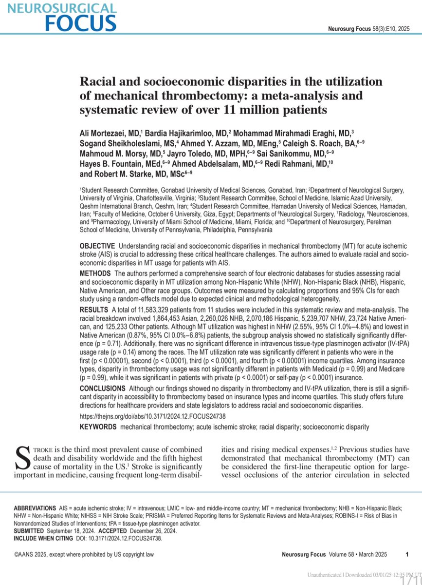 Ali Mortezaei (@alimortezaei97) on Twitter photo Proud to share our paper published <a href="/TheJNS/">Journal of Neurosurgery</a> #Focus. Data of >11 million cases reveals socioeconomic disparities in EVT usage for stroke, despite no racial diff.
Special thanks to Drs <a href="/Starkeneurosurg/">Starke_neurosurgery</a>, <a href="/RahmaniRedi/">Redi Rahmani</a> for support and team for great work.
Link:thejns.org/focus/view/jou… Proud to share our paper published <a href="/TheJNS/">Journal of Neurosurgery</a> #Focus. Data of >11 million cases reveals socioeconomic disparities in EVT usage for stroke, despite no racial diff.
Special thanks to Drs <a href="/Starkeneurosurg/">Starke_neurosurgery</a>, <a href="/RahmaniRedi/">Redi Rahmani</a> for support and team for great work.
Link:thejns.org/focus/view/jou…