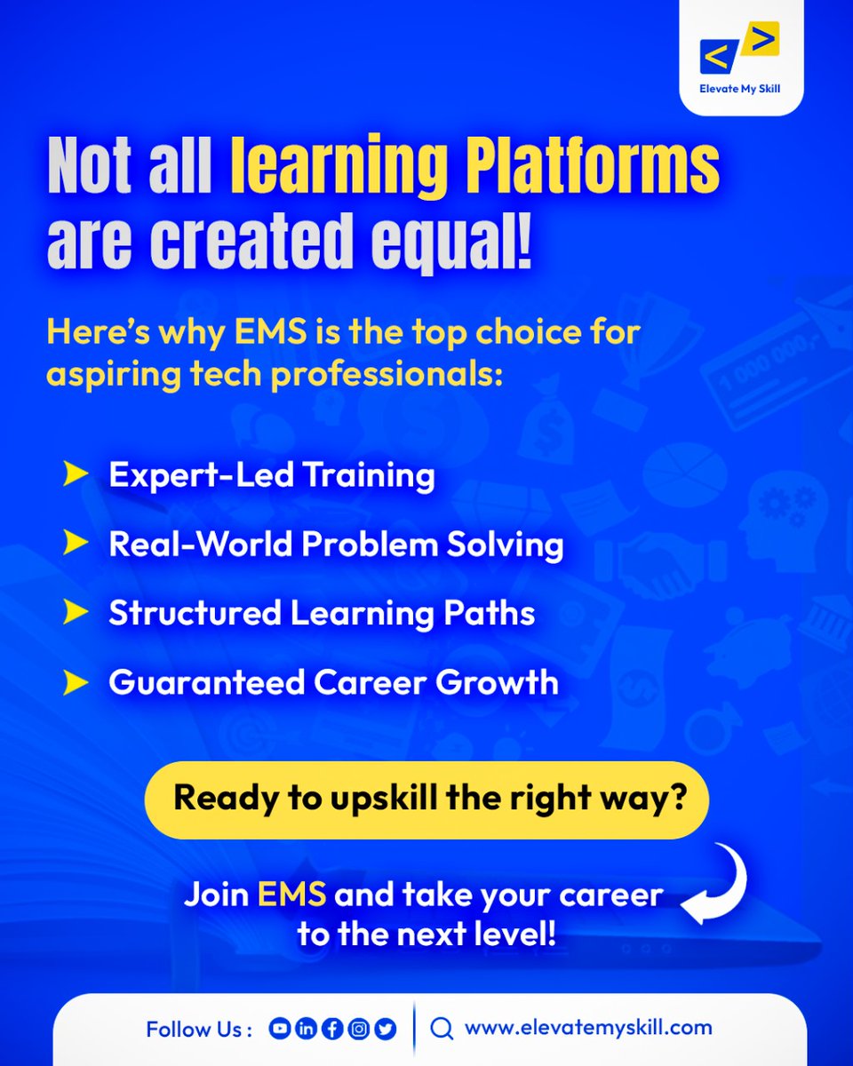 emsprolearn's tweet photo. Why EMS is Better Than Other Platforms?

Here’s why EMS is the top choice for you:
Expert-Led Training
Real-World Problem Solving
Structured Learning Paths
Guaranteed Career Growth

Are you ready to upskill the right way? Join EMS!
#learn #elevatemyskill #EMS #CareerGrowth https://t.co/qhIqXj9B8a