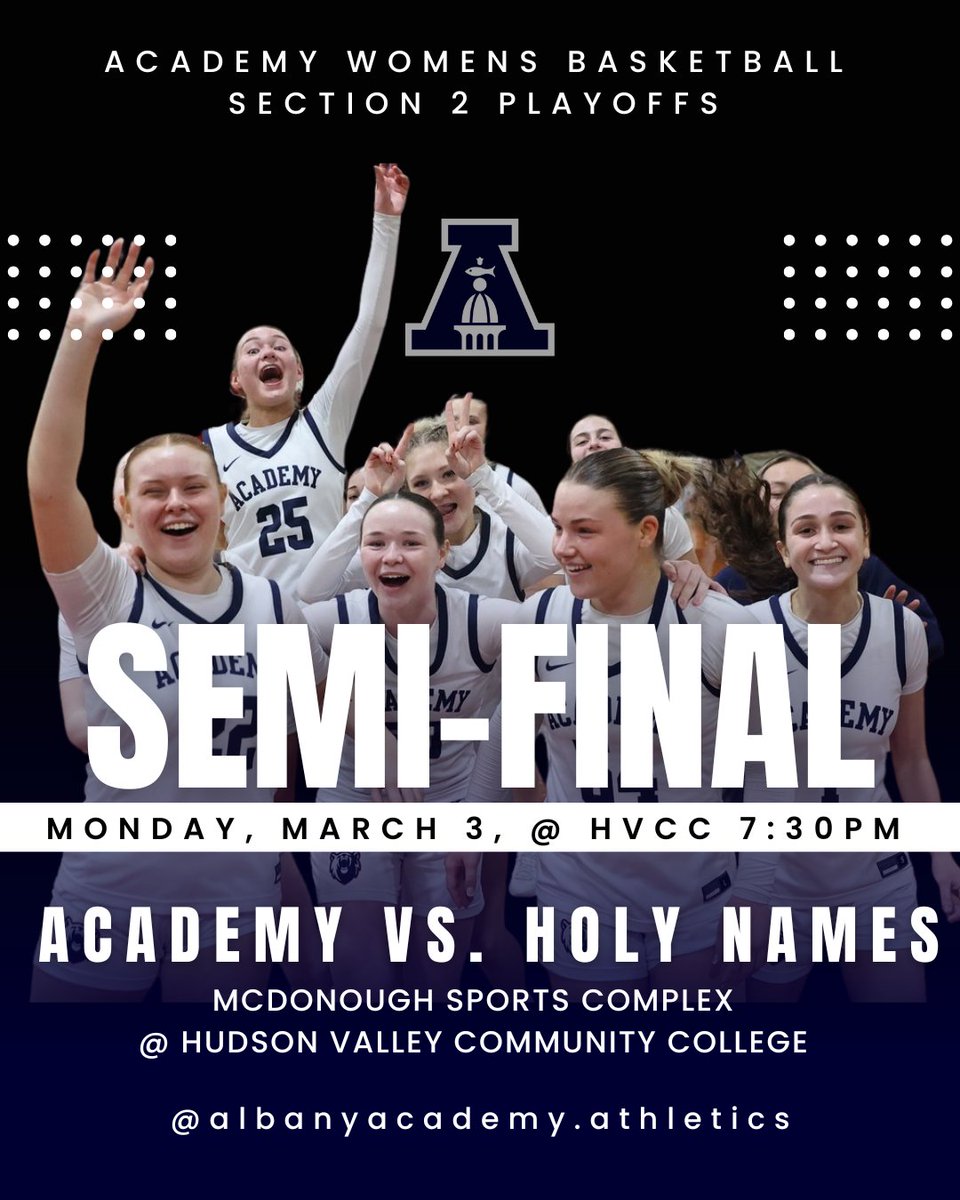 Albany Academy Women's Basketball (@academygbball) on Twitter photo SEMI-FINAL SCHEDULED: Monday, March 3, VS <a href="/AHN_Basketball/">Holy Names Basketball</a> @ McDonough Sports Complex, 7:30 pm
Get Tickets: gofan.co/event/2949593?β¦
Looking forward to an incredible match-up between two great teams and storied programs.
#strongertogether #Legacy #Tradition #Academy SEMI-FINAL SCHEDULED: Monday, March 3, VS <a href="/AHN_Basketball/">Holy Names Basketball</a> @ McDonough Sports Complex, 7:30 pm
Get Tickets: gofan.co/event/2949593?β¦
Looking forward to an incredible match-up between two great teams and storied programs.
#strongertogether #Legacy #Tradition #Academy