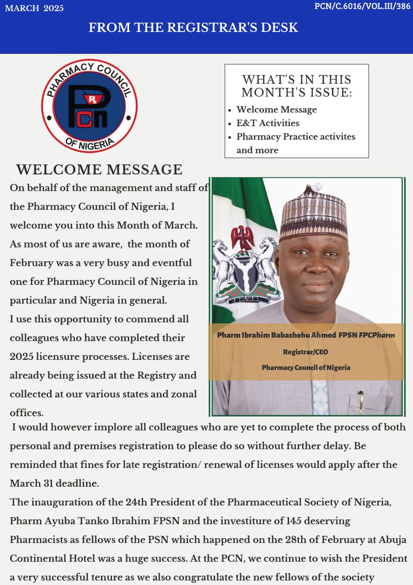 Welcome to March 2025! 🎉
---
PCN Newsletter: FROM THE REGISTRAR'S DESK - 01 March 2025
---
🔗 Tap the link below to download the full newsletter (PDF):
pcn.gov.ng/about-pharmacy…

#MonthlyNewsletter
#UpdatesFromPCN
#StayInformed