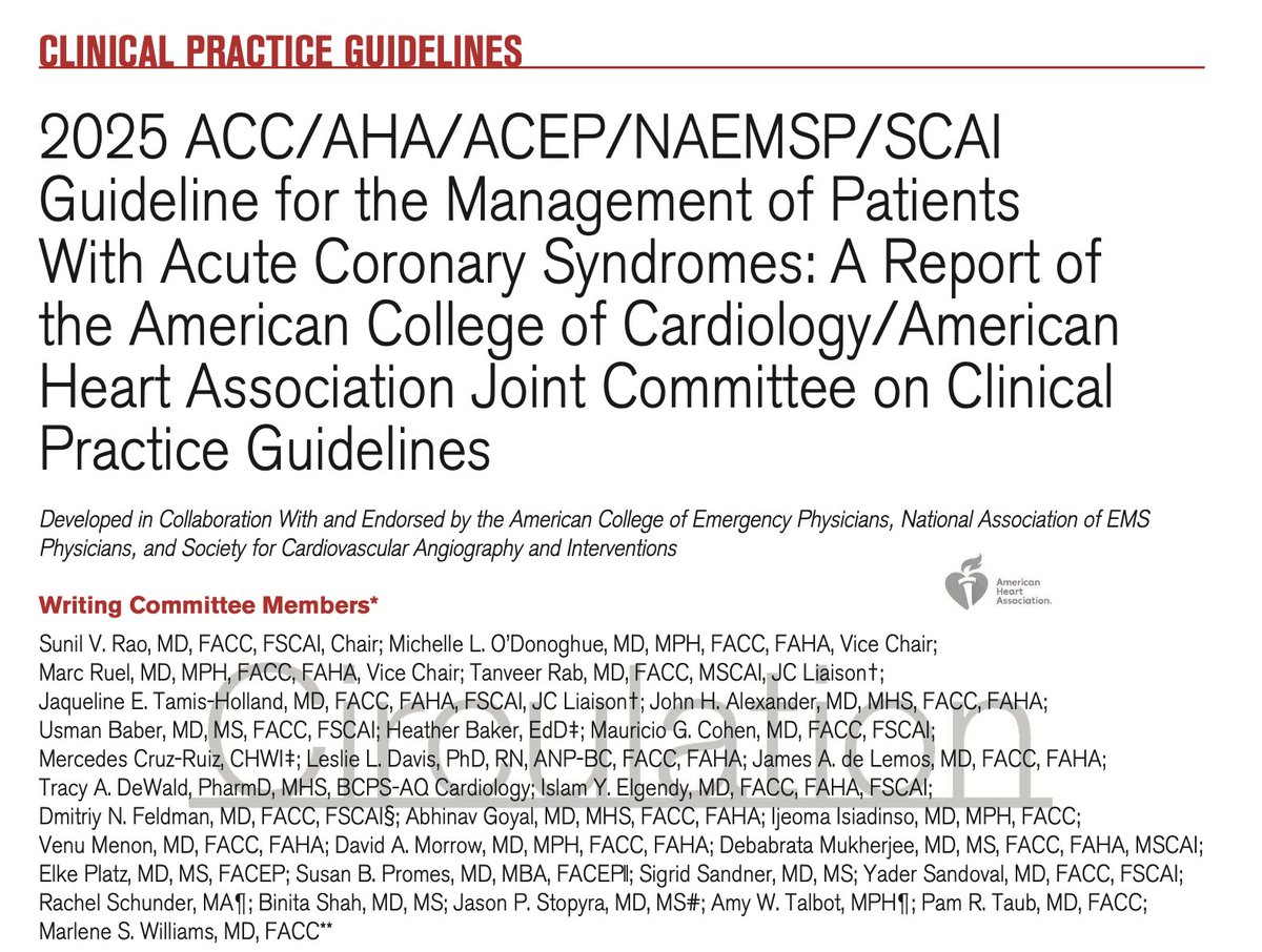 Abdulla A. Damluji, MD, PhD (@drdamluji) on Twitter photo 2025 ACC/AHA/ACEP/NAEMSP/SCAI
Guideline for the Management of Patients
With Acute Coronary Syndromes: <a href="/CircAHA/">Circulation</a> <a href="/JACCJournals/">JACC Journals</a>
🥸Here are class 1 recommendations from the document; Massive effort - congratulations to the authors: <a href="/SVRaoMD/">Sunil V. Rao</a>
😱 Below
👇👇👇 2025 ACC/AHA/ACEP/NAEMSP/SCAI
Guideline for the Management of Patients
With Acute Coronary Syndromes: <a href="/CircAHA/">Circulation</a> <a href="/JACCJournals/">JACC Journals</a>
🥸Here are class 1 recommendations from the document; Massive effort - congratulations to the authors: <a href="/SVRaoMD/">Sunil V. Rao</a>
😱 Below
👇👇👇