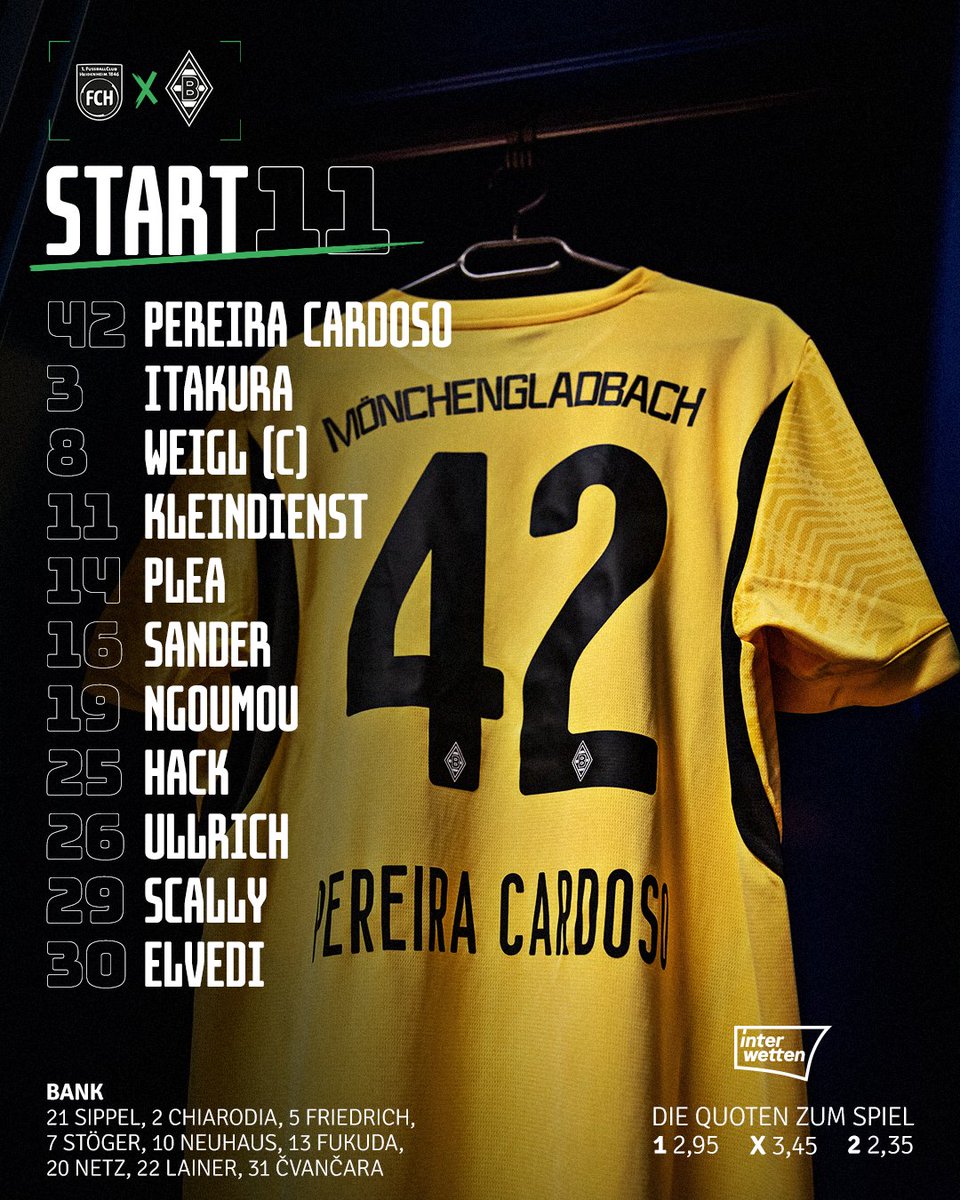 Tiago Pereira Cardoso feiert sein Debüt. Das ist unsere #FohlenElf! 🐎

👉 go.borussia.de/Interwetten23

#DieFohlen #FCHBMG <a href="/Interwetten_com/">Interwetten.com</a>