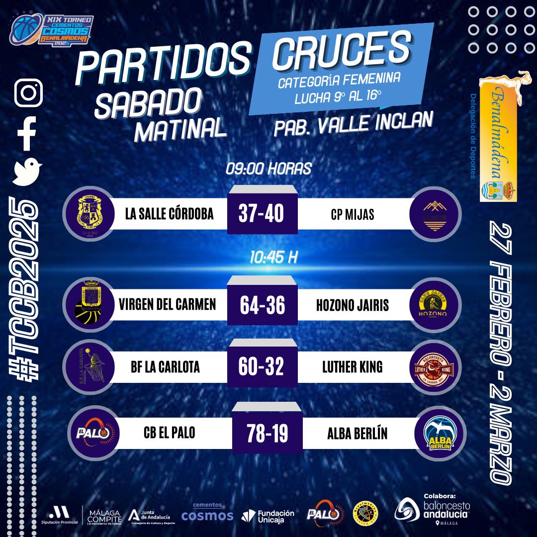 📊 ¡RESULTADOS CATEGORÍA FEMENINA! 

Así acaba la jornada de partidos de esta mañana en esta nueva edición del Torneo Cementos Cosmos Benalmádena!

🟠🔵 #TCCB2025