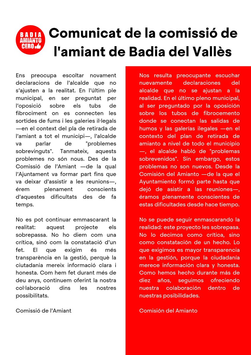Comunicat de la comissió de l'amiant de Badia del Vallès.

Comunicado de la comisión del amianto de Badia del Vallès 

Descarrega el comunicat en PDF 
Descarga el comunicado en PDF

tuit.cat/9dYqy