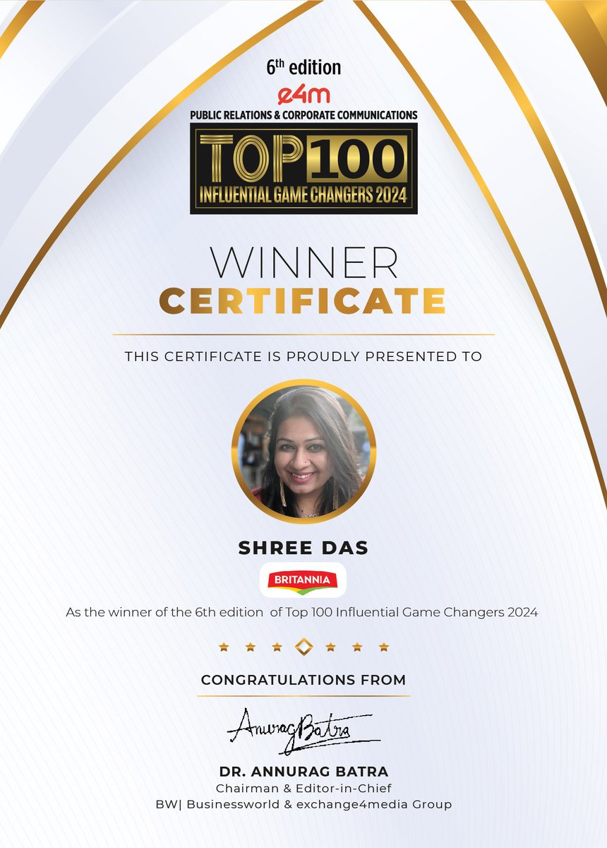 e4mevents's tweet image. Our heartiest congratulations to @Shree_Das01 from @BritanniaIndLtd for being featured in the 6th edition of e4m PR and Corp Comm Top 100 Influential Game Changers list 2024!

@anuragbatrayo | @nawalahuja | @karanbhatias

#e4mprtop100influentialgamechangers #e4mevents #PRCorpComm