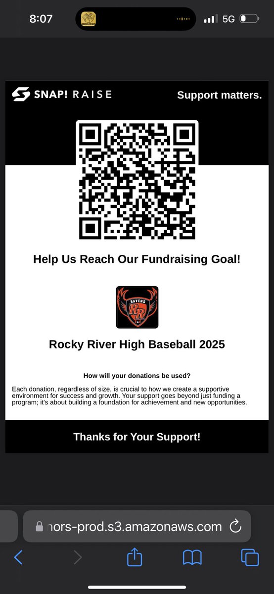 With us kicking off spring sports, On behalf of the 2025 Rocky River Baseball team I would like to ask for your support with our Snap Fundraiser. It is now live, below is a link to the QR code where you can donate any amount you would like all donations are greatly appreciated.⚾️