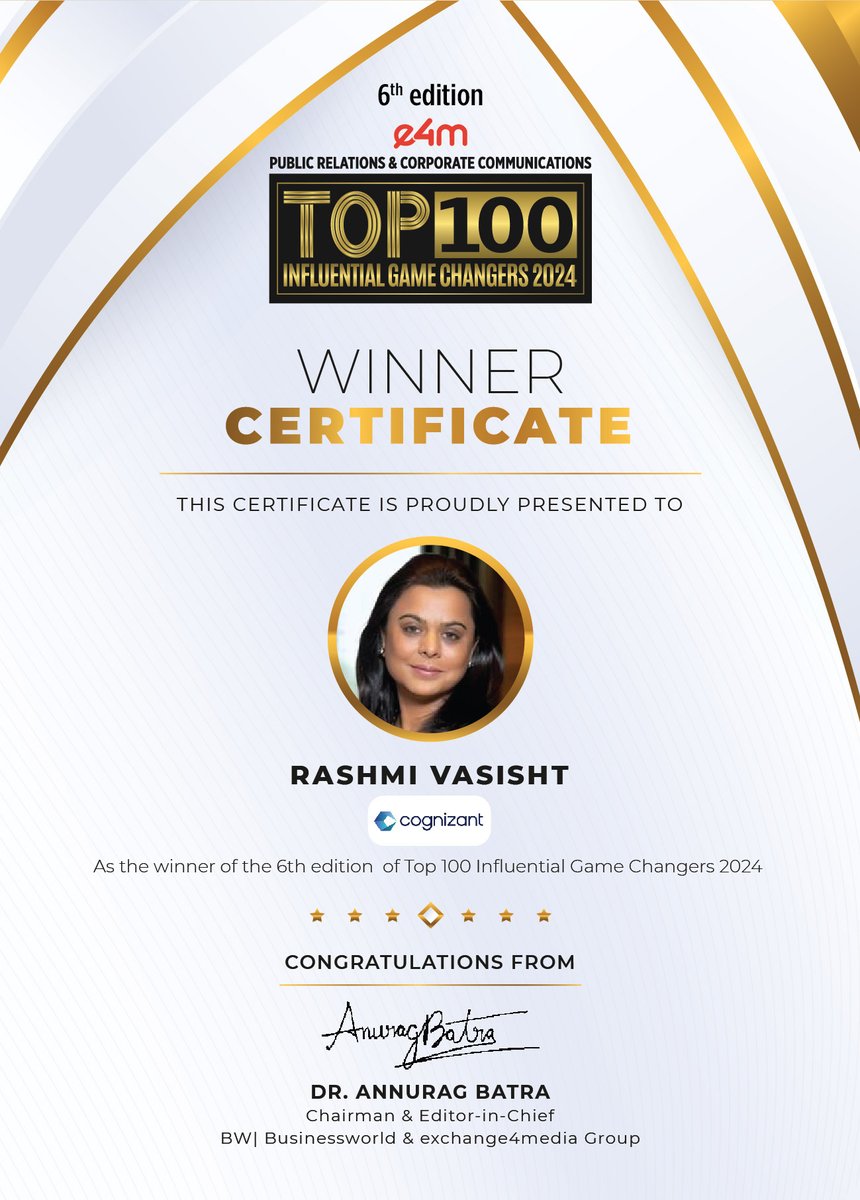 e4mevents's tweet image. Our heartiest congratulations to @rashmivasisht from @Cognizant for being featured in the 6th edition of e4m PR and Corp Comm Top 100 Influential Game Changers list 2024!

@anuragbatrayo | @nawalahuja | @karanbhatias

#e4mprtop100influentialgamechangers #e4mevents #PRCorpComm