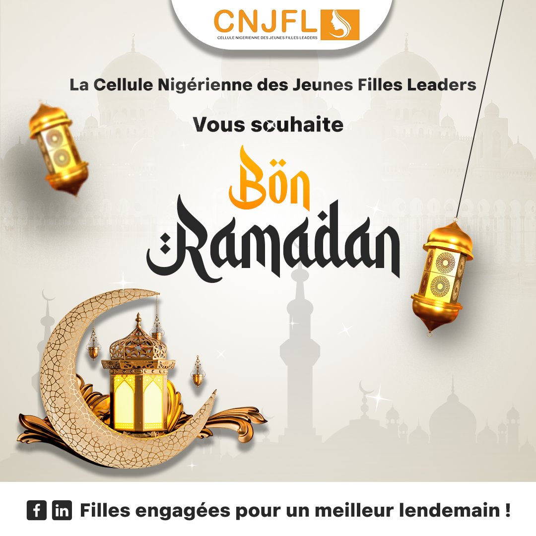 Ramadan Moubarak !
Que ce mois sacré soit un moment de paix, de partage et de spiritualité. Que nos cœurs s'illuminent de bonté et nos actions de solidarité.
La Cellule Nigerienne des Jeunes Filles Leaders CNJFL  vous souhaite un bon mois de Ramadan.
#CNJFL
