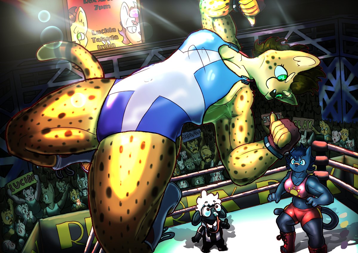 Su1tcas3's tweet image. Izula the high flyer doing her signature Starfall Flip in the ring against her opponent.  

#art / #furry / #furryart