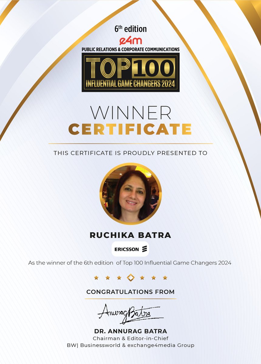 e4mevents's tweet image. Our heartiest congratulations to @ruchbatra from @ericsson for being featured in the 6th edition of e4m PR and Corp Comm Top 100 Influential Game Changers list 2024!

@anuragbatrayo | @nawalahuja | @karanbhatias

#e4mprtop100influentialgamechangers #e4mevents #PRCorpComm