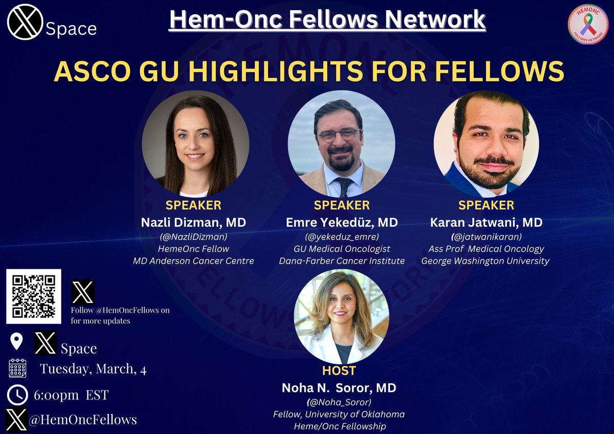 Hem-Onc Fellows Network (@hemoncfellows) on Twitter photo ✍️Mark your calendar for our upcoming space‼️
🌟Topic: ASCO GU Highlights For Fellows❗️
🌟 Speakers: <a href="/NazliDizman/">Nazli Dizman</a> , <a href="/yekeduz_emre/">Emre Yekedüz</a> and
<a href="/jatwanikaran/">karan jatwani</a>
🌟Host: <a href="/Noha_Soror/">Noha N. Soror, MD, MSc. 𓂀</a>
🗓️Tuesday - March 4, 2025
⏰6 pm EST ✍️Mark your calendar for our upcoming space‼️
🌟Topic: ASCO GU Highlights For Fellows❗️
🌟 Speakers: <a href="/NazliDizman/">Nazli Dizman</a> , <a href="/yekeduz_emre/">Emre Yekedüz</a> and
<a href="/jatwanikaran/">karan jatwani</a>
🌟Host: <a href="/Noha_Soror/">Noha N. Soror, MD, MSc. 𓂀</a>
🗓️Tuesday - March 4, 2025
⏰6 pm EST