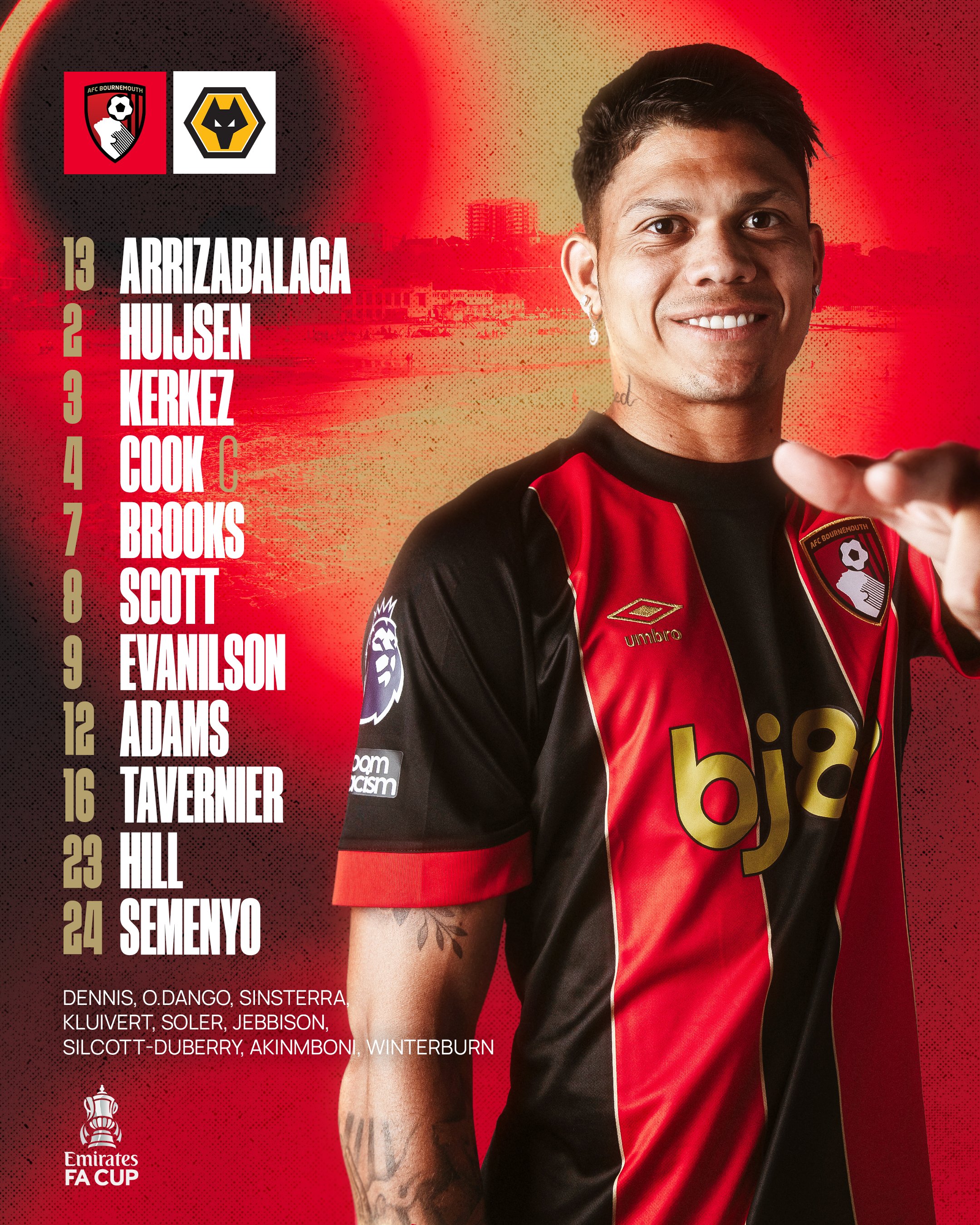 The AFC Bournemouth XI: Arrizabalaga, Huijsen, Kerkez, Cook (C), Brooks, Scott, Evanilson, Adams, Tavernier, Hill, Semenyo.