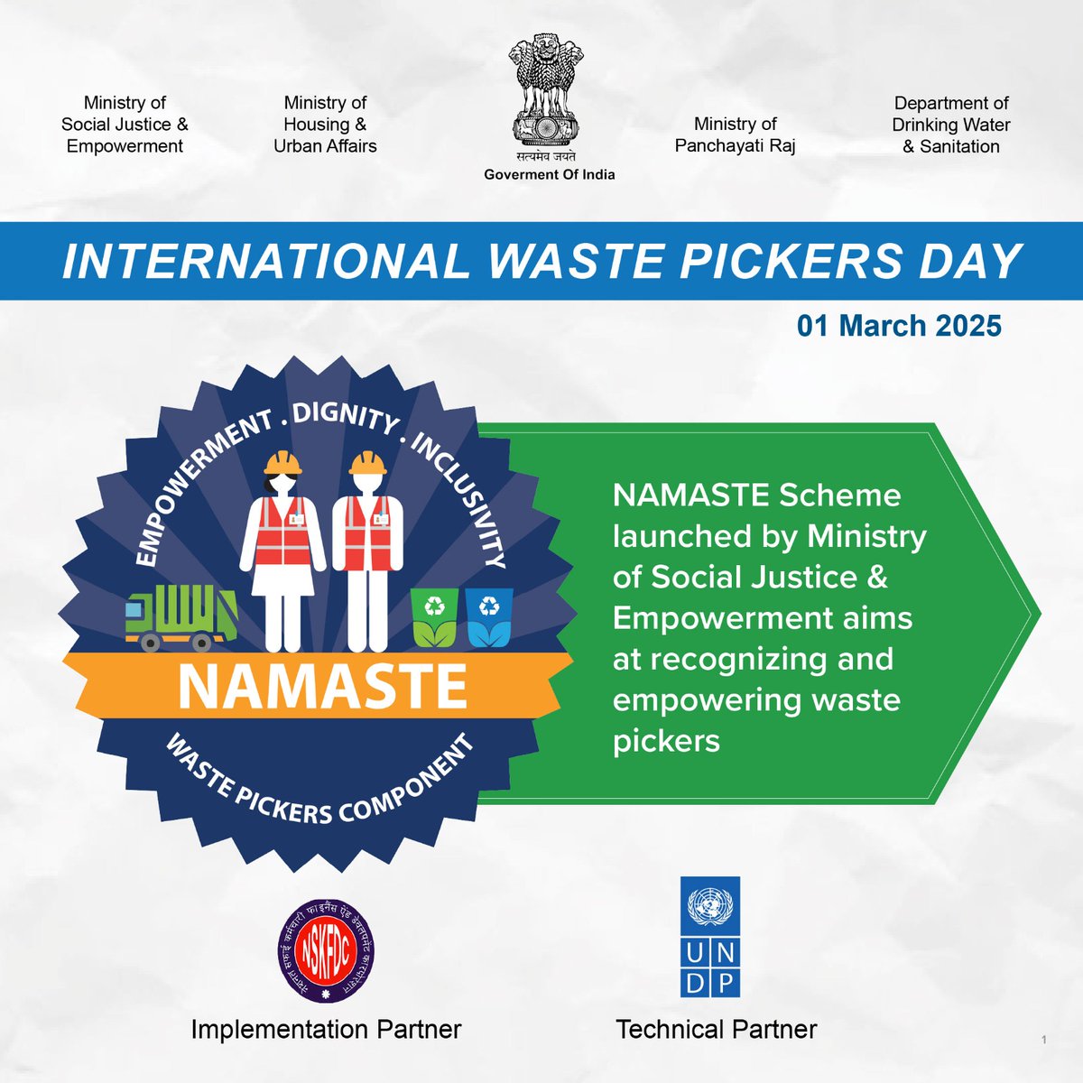 On #InternationalWastePickersDay, let's take a moment to appreciate the real heroes who make our cities cleaner and healthier - our
 hardworking #SafaiMitras!
 <a href="/MSJEGOI/">Ministry of Social Justice & Empowerment, GOI</a> 
 #NAMASTE
#empowerment #dignity #inclusive