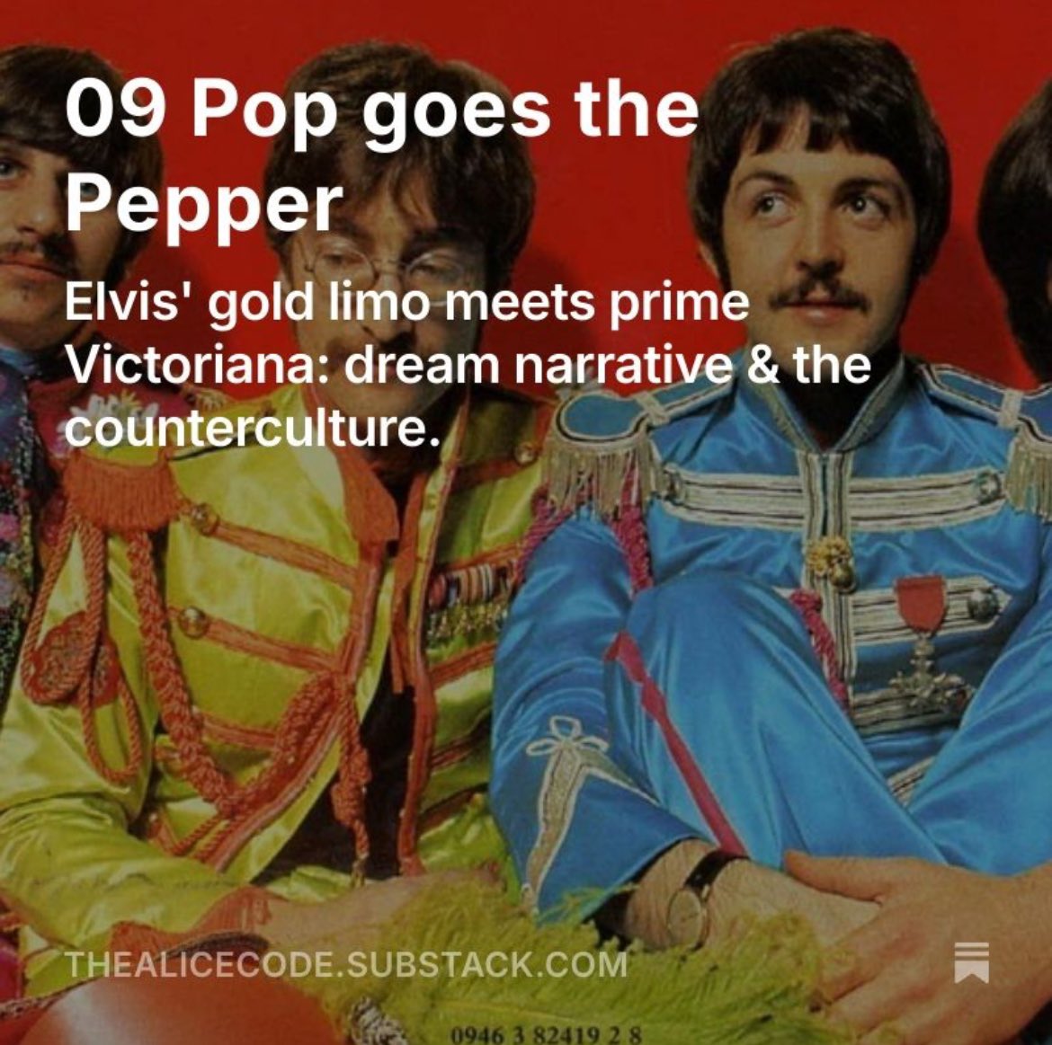 Latest Beatles blog. 
Carroll meets Sgt Pepper. 7 points of connection. How many do you know about?

open.substack.com/pub/thealiceco…

#Beatles #sgtpepper #culture #alice #wonderland #psychedelia #60s