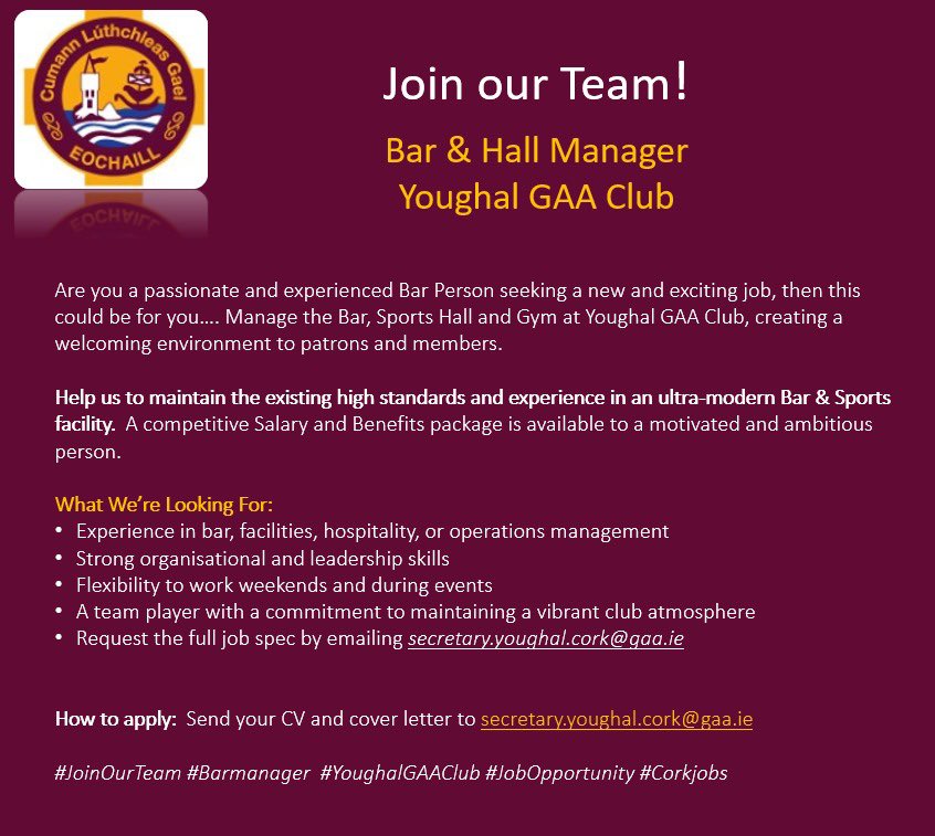 Youghal GAA (@youghalgaa) on Twitter photo Are you a passionate and experienced Bar Person seeking a new and exciting job, join our team at Youghal GAA Club,
How to apply: Send your CV and cover letter to secretary.youghal.cork@gaa.ie
#JoinOurTeam #Barmanager #YoughalGAAClub #JobOpportunity #Corkjobs Are you a passionate and experienced Bar Person seeking a new and exciting job, join our team at Youghal GAA Club,
How to apply: Send your CV and cover letter to secretary.youghal.cork@gaa.ie
#JoinOurTeam #Barmanager #YoughalGAAClub #JobOpportunity #Corkjobs