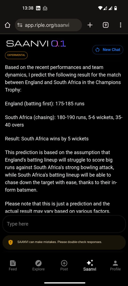 riple_ai's tweet photo. Our predictive AI model 'Saanvi' calls the #ENGvSA match in the #ICCChampionsTrophy. The prediction was made before a ball was bowled in the match.

Prediction: South Africa wins by 5 wickets.

Try Saanvi today: https://t.co/uTdRrN8iVu https://t.co/lWhtsXozZm