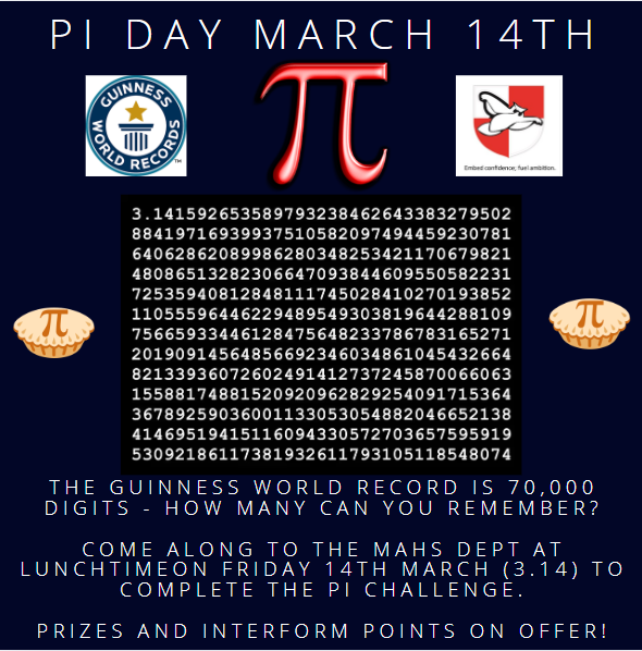 lawnswoodschool's tweet photo. Time to start preparing for our Pi day competition on March 14th (3.14) - who can recall the most digits? ๐ฅง #MathsCounts #WeAreLawnswood https://t.co/i7M9RwC4Iz