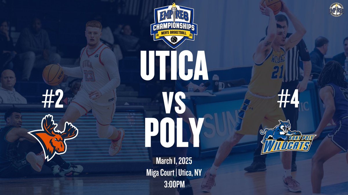 Empire 8 (@empire8) on Twitter photo Let's go!!! No. 2 <a href="/Utica_Pioneers/">Utica Pioneers</a> hosts No. 4 <a href="/PolyWildcats/">SUNY Poly Wildcats</a> for the 2024-25 #E8 Men's Basketball Championship game! Tip off is at 3:00pm. You can follow along at empire8network.com
#E8Champs Let's go!!! No. 2 <a href="/Utica_Pioneers/">Utica Pioneers</a> hosts No. 4 <a href="/PolyWildcats/">SUNY Poly Wildcats</a> for the 2024-25 #E8 Men's Basketball Championship game! Tip off is at 3:00pm. You can follow along at empire8network.com
#E8Champs