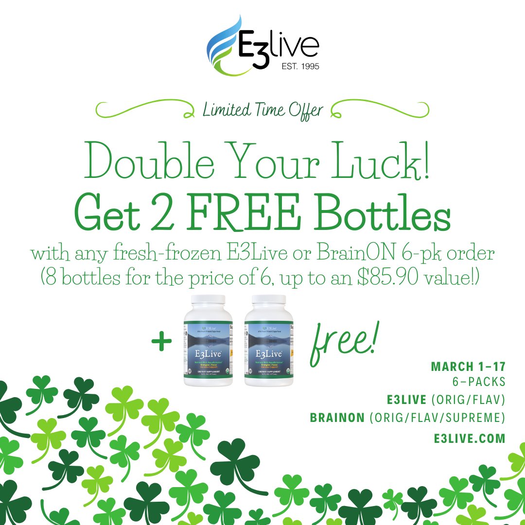 💚March 1-17 Special at E3Live💚⁠
⁠
Buy any E3Live or BrainON fresh-frozen 6-pk and get 2 bonus bottles FREE!

#e3live #brainon #superfood #lucky #marchspecial #organicnutrition #brainhealth #healthyliving