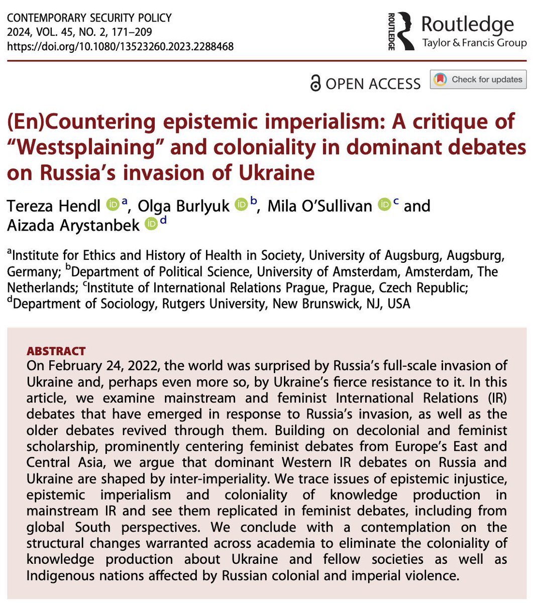But sadly, not only white Western feminists. The problem is much more complex, and a huge part of it is the not listening and speaking over the historical experiences and knowledges of imperial oppression in (de)occupied Europe’s East, Central &amp; North Asia tandfonline.com/doi/full/10.10…