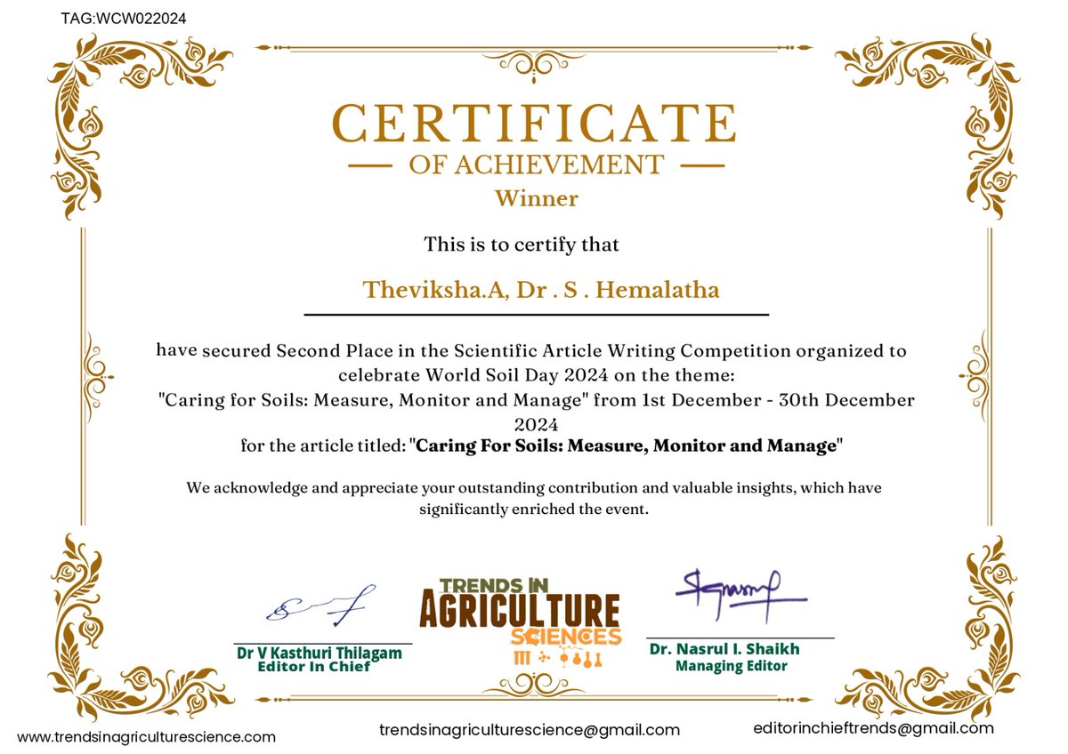 kumaraguru_agri's tweet image. A huge congratulations to Theviksha for securing 2nd place in the Article Writing Competition 2024 with guidance from Dr. Hemalatha, your dedication to agricultural research and writing is truly inspiring

#AgricultureScience #ArticleWriting #FutureOfAgriculture #Congratulations