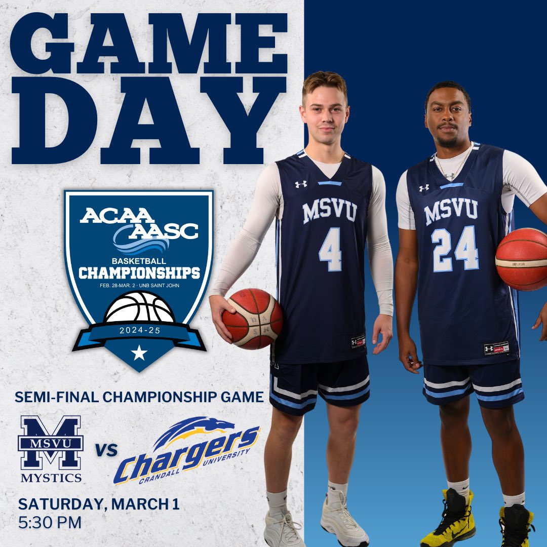 It’s Championship #GAMEDAY!

Your Mystics are taking on the Crandall Chargers today in the ACAA Championship semi-finals!

⏰ Game starts at 5:30pm
📍 UNBSJ G. Forbes Elliot Athletics Centre
🔗 You can also watch live at live.acaa.tv

Go Mystics! 🏀