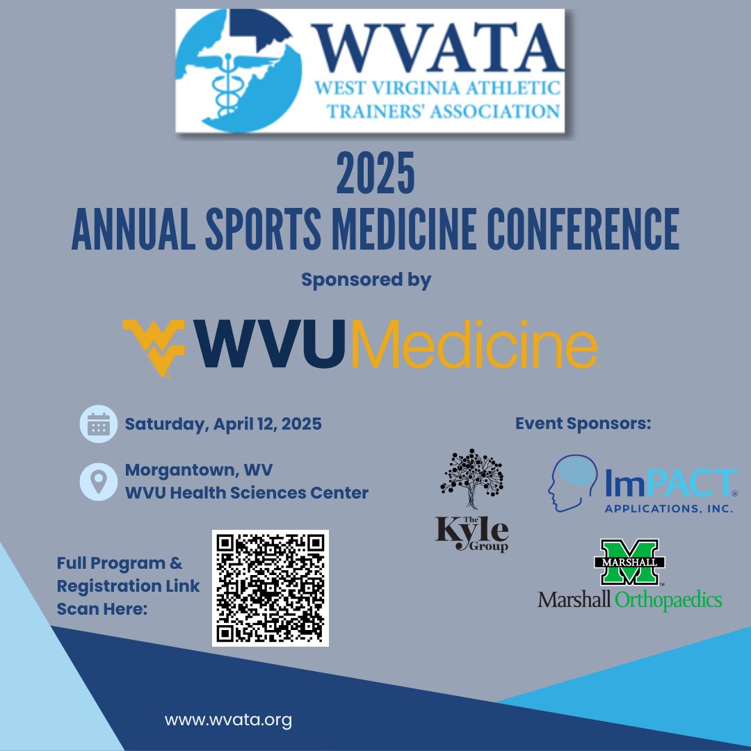 Registration is open for the 2025 Annual Sports Medicine Conference sponsored by @wvumedicine , April 12th at the WVU Health Sciences Center, Morgantown, WV. Scan below for full program &amp; register here:  forms.gle/kKTDJGz42RcEFv…
#EducATe #Conferenceseason