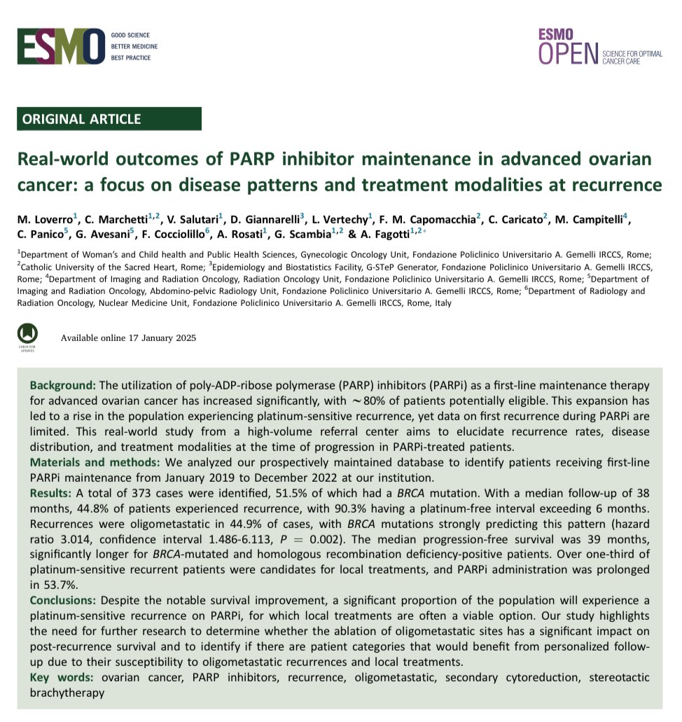 Filippo Maria Capomacchia (@filippocapom) on Twitter photo Check out our latest work on <a href="/ESMO_Open/">ESMO Open</a>, exploring real-world outcomes of PARP inhibitors as maintenance therapy in advanced ovarian cancer.
<a href="/annafagottimd/">Anna Fagotti</a> <a href="/clamarchetti81/">Claudia Marchetti</a> <a href="/MatteoLoverro/">Matteo Loverro</a>
esmoopen.com/article/S2059-… Check out our latest work on <a href="/ESMO_Open/">ESMO Open</a>, exploring real-world outcomes of PARP inhibitors as maintenance therapy in advanced ovarian cancer.
<a href="/annafagottimd/">Anna Fagotti</a> <a href="/clamarchetti81/">Claudia Marchetti</a> <a href="/MatteoLoverro/">Matteo Loverro</a>
esmoopen.com/article/S2059-…