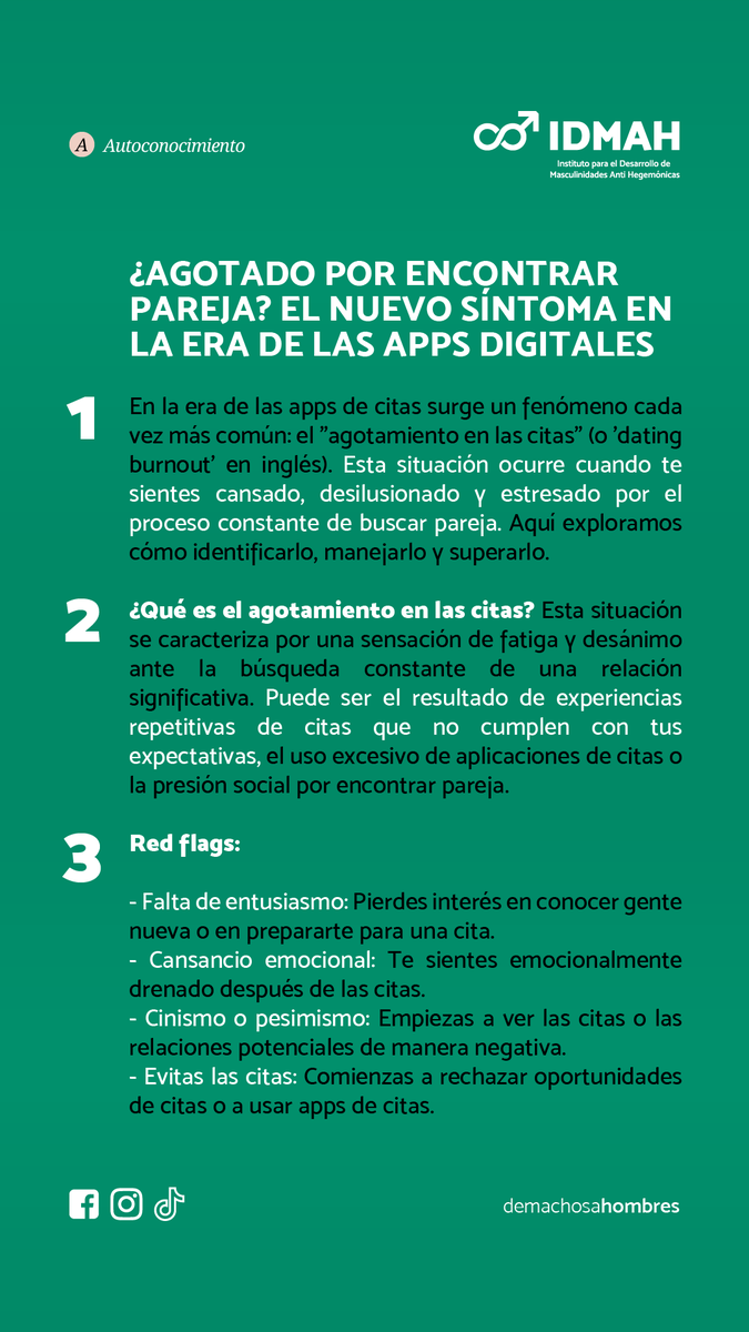 machosahombres's tweet photo. ¿Agotado por encontrar pareja? El nuevo síntoma en la era de las apps digitales
#IDMAH #demachosaHOMBRES #Autoconocimiento #MasculinidadesPositivas #AppDeCitas #Tinder #Bumble #Agotamiento #DatingBurnout #RedFlags https://t.co/uOd3orlVNs
