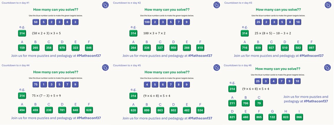 Countdown to Pi day: First 6 days in one image.

This gives you 39 puzzles to play with, and 118 digits to memorise!

#mathsconf37
<a href="/LaSalleEd/">Complete Maths</a>