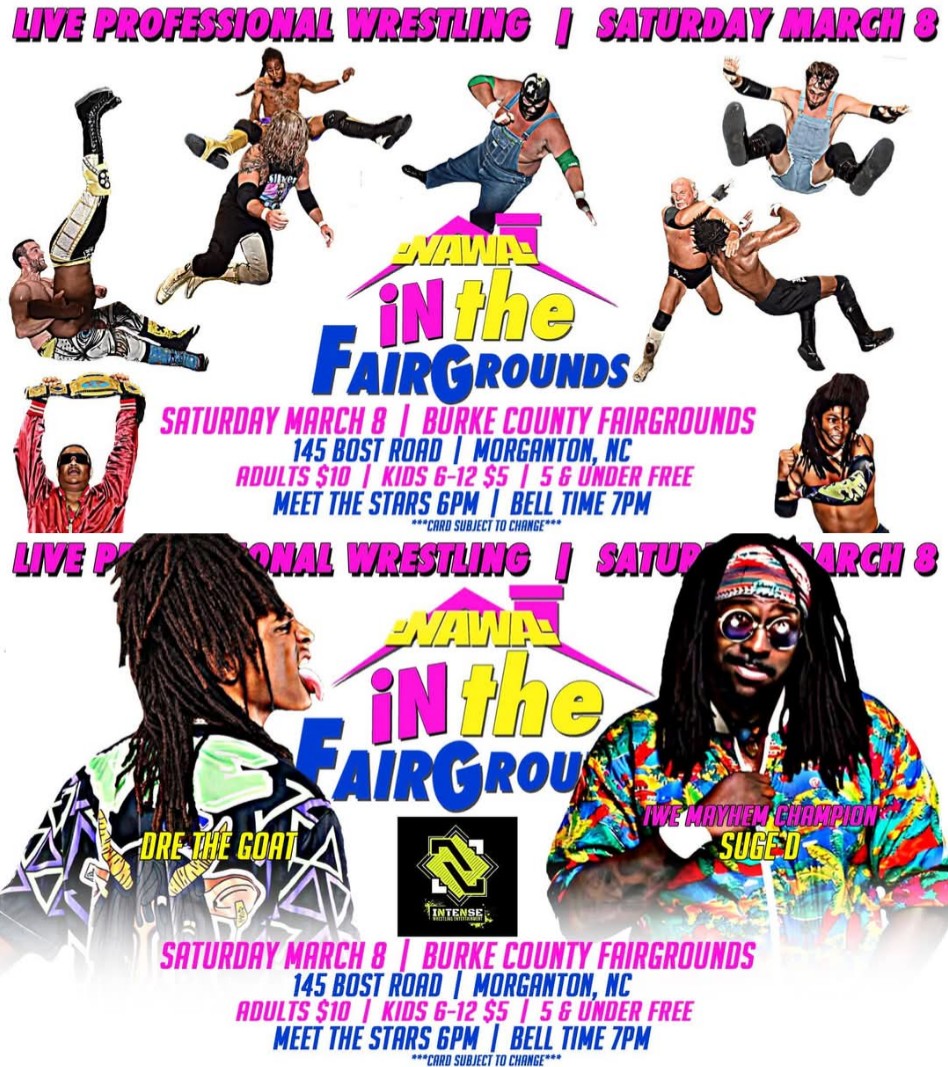 IWE Pro (@iwepro) on Twitter photo ONE MORE WEEK!!!!!
CAN'T MISS LIVE PRO WRESTLING EVENT!!!!!
7 AMAZING &
EXCITING
MATCHES!!!!!
IWE MAYEM
CHAMPIONSHIP
MATCH!!!!!
MORGANTON, NC!!!!!
BE THERE!!!!!
<a href="/NAWAiTV/">NAWA iTV</a>
<a href="/DrizzleMista/">DRE the G.O.A.T.ππ¦ΉπΎββοΈπ€πΎ</a>
<a href="/SugarDunkerton/">Suge De La Geto</a> ONE MORE WEEK!!!!!
CAN'T MISS LIVE PRO WRESTLING EVENT!!!!!
7 AMAZING &
EXCITING
MATCHES!!!!!
IWE MAYEM
CHAMPIONSHIP
MATCH!!!!!
MORGANTON, NC!!!!!
BE THERE!!!!!
<a href="/NAWAiTV/">NAWA iTV</a>
<a href="/DrizzleMista/">DRE the G.O.A.T.ππ¦ΉπΎββοΈπ€πΎ</a>
<a href="/SugarDunkerton/">Suge De La Geto</a>