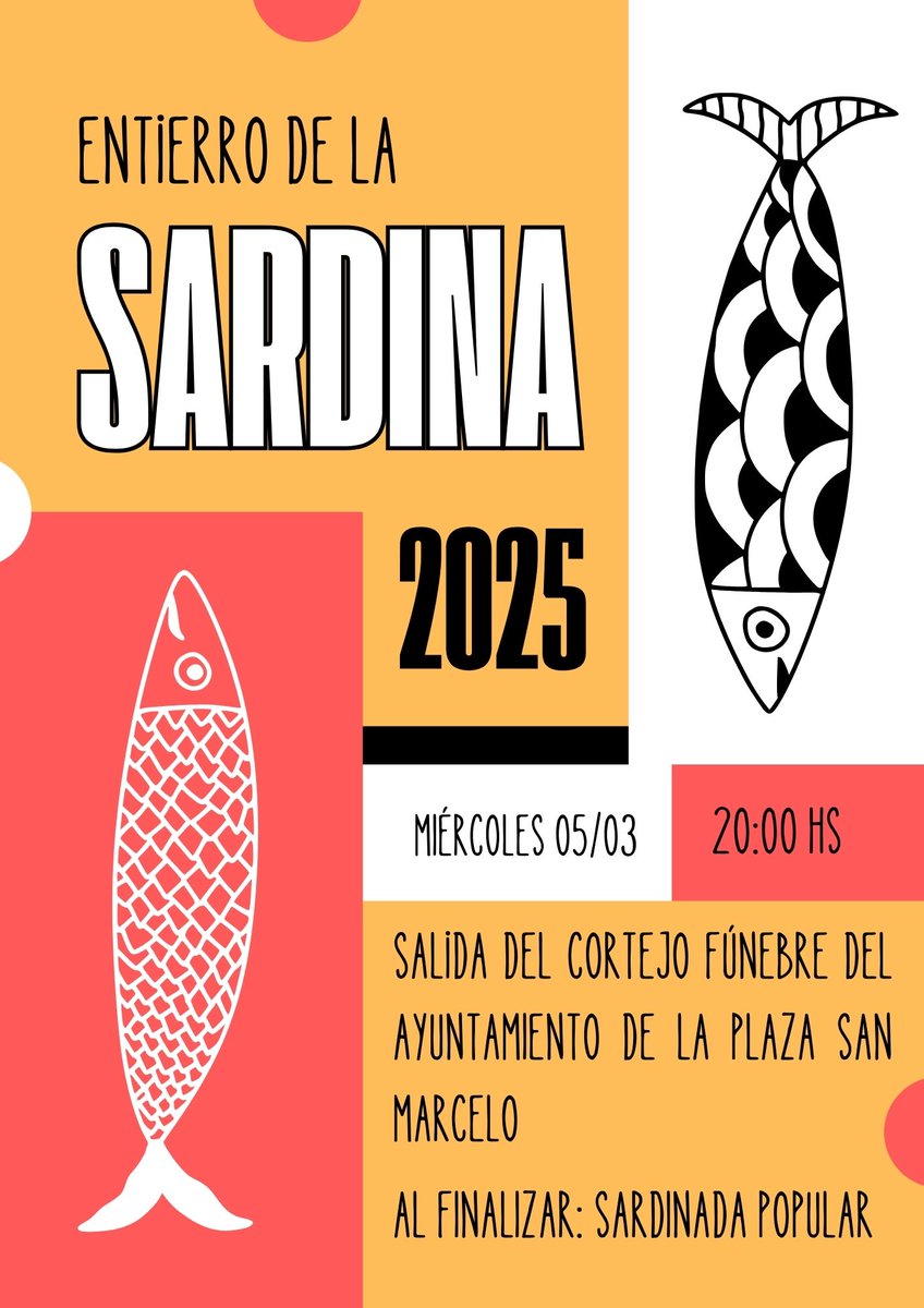 El miércoles 5 de marzo, se llevará a cabo el popular "Entierro de la sardina", que recorrerá las calles del centro de León en procesión funeraria, y terminará con una sardinada popular. Organizan: <a href="/ReyOrdono/">FAAVV Rey Ordoño</a> y <a href="/LeonAyto/">Ayuntamiento de León</a>  
#leonesp #entierrodelasardina