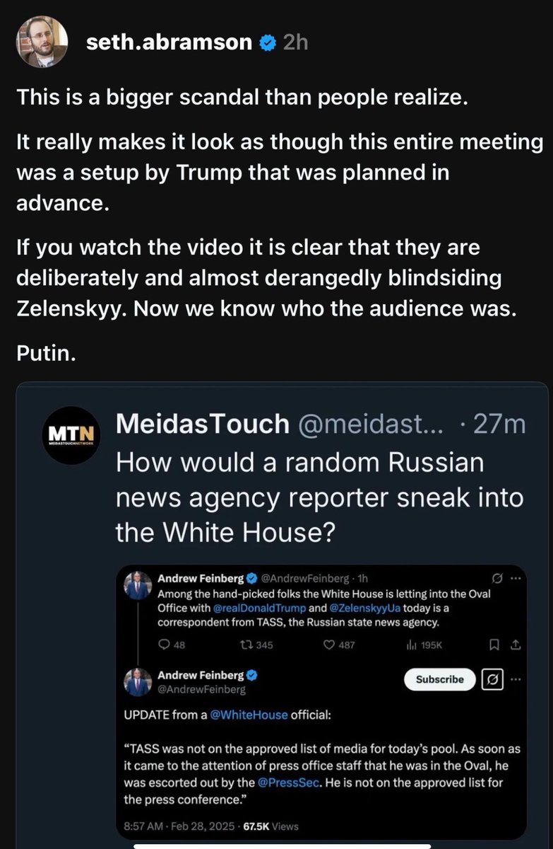 Trump, Musk und Vance hatten die Demütigung von Selenskyi von vornherein geplant. Das zeigt sich auch daran, dass die russische Desinformationsagentur TASS im Oval Office dabei war. (Die renommierteste Nachrichtenagentur der Welt, Associated Press (ap) war ausgesperrt.)