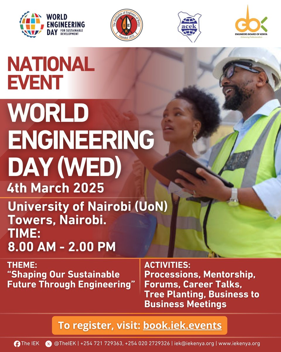 The Institution of Engineers of Kenya (@theiek) on Twitter photo We invite you to celebrate World Engineering Day on 4th March 2025 at the University of Nairobi Towers, Nairobi, from 8:00 AM to 2:00 PM.
Simultaneously, we will be hosting activities in 28 counties across Kenya, through our branches: IEK Capital (<a href="/IekBranch/">IEK Capital Branch</a>), Nyanza We invite you to celebrate World Engineering Day on 4th March 2025 at the University of Nairobi Towers, Nairobi, from 8:00 AM to 2:00 PM.
Simultaneously, we will be hosting activities in 28 counties across Kenya, through our branches: IEK Capital (<a href="/IekBranch/">IEK Capital Branch</a>), Nyanza