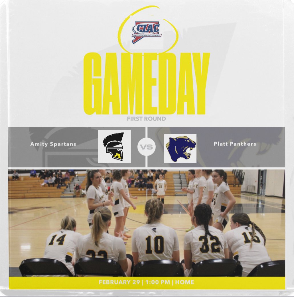 It’s gamedayyyy🚨
First round of States!
HOME vs Platt 
Tipoff 1pm 
Be there to support the Spartans!
<a href="/GameTimeCT/">GametimeCT</a> <a href="/CT_Girls_BBall/">CT Girls BBall</a> <a href="/amityathletics/">Amity HS Athletics</a>