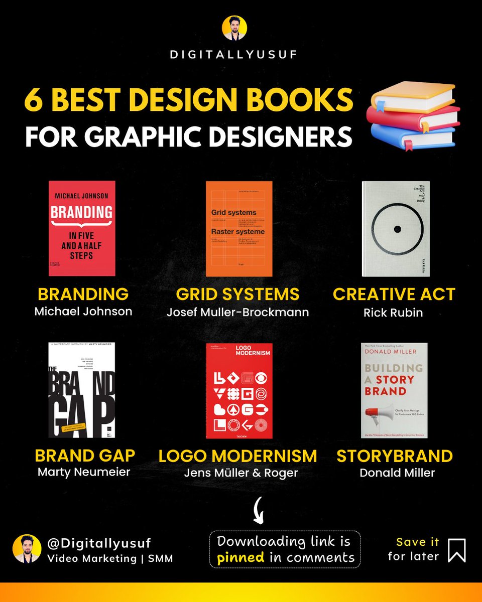DigitallYusuf's tweet image. 6 Must-Read Design Books for Graphic Designers! 📚

Branding – Michael Johnson
Grid Systems – Josef Müller-Brockmann
Creative Act – Rick Rubin
Brand Gap – Marty Neumeier
Logo Modernism – Jens Müller &amp;amp; Roger
Storybrand – Donald Miller

#designbooks , #digitalllyusuf
