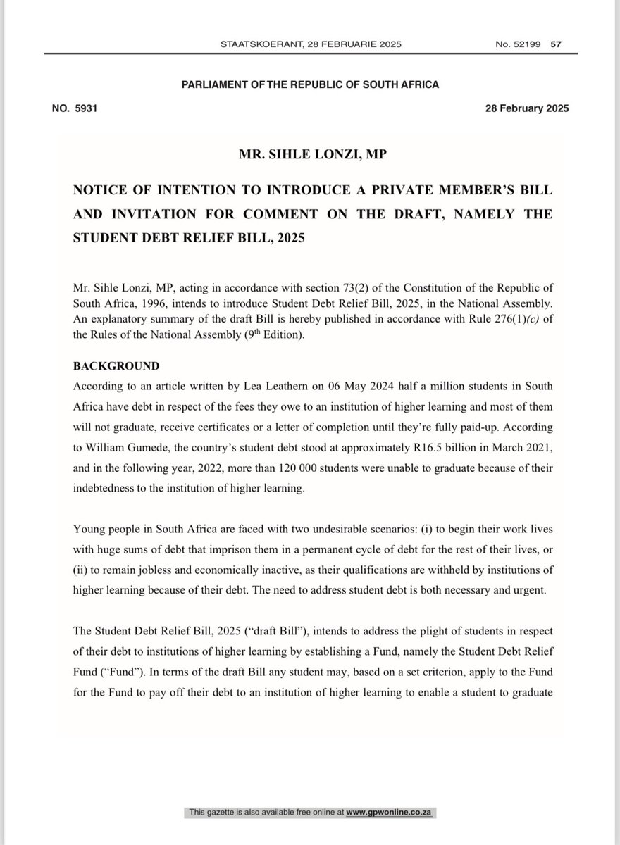 SihleLonzi's tweet image. The Government Gazette is out!
The Student Debt Bill will not only relieve over 300 000 young people IMMEDIATELY, it will create a legal foundation for future generations.
The EFF is demonstrating what it means to be a robust opposition party - on the ground, and in Parliament.