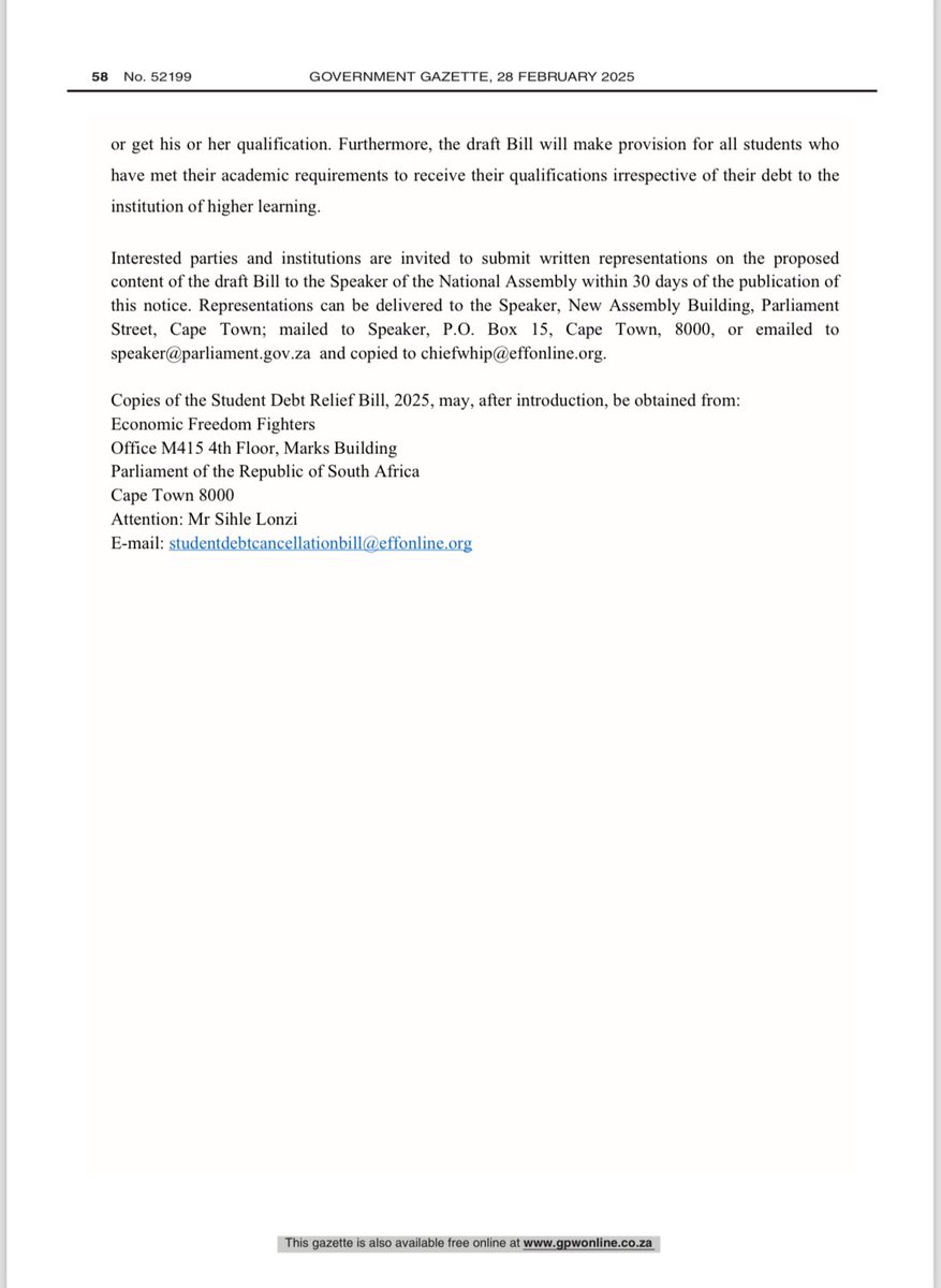 SihleLonzi's tweet image. The Government Gazette is out!
The Student Debt Bill will not only relieve over 300 000 young people IMMEDIATELY, it will create a legal foundation for future generations.
The EFF is demonstrating what it means to be a robust opposition party - on the ground, and in Parliament.