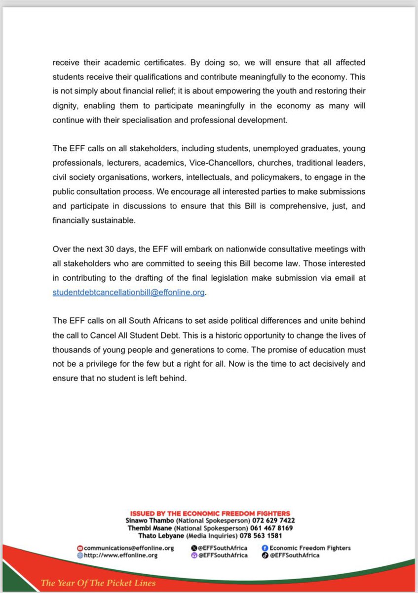 SihleLonzi's tweet image. The Government Gazette is out!
The Student Debt Bill will not only relieve over 300 000 young people IMMEDIATELY, it will create a legal foundation for future generations.
The EFF is demonstrating what it means to be a robust opposition party - on the ground, and in Parliament.